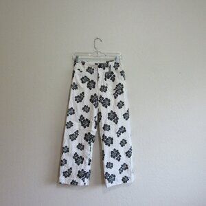 MAEVE White & Black The Colette Embroidered Wide Leg 2 Linen Blend Pants